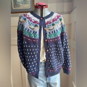 Navy Fair Isle Duck Classic Knit Button-Up Cardigan Sweater Large